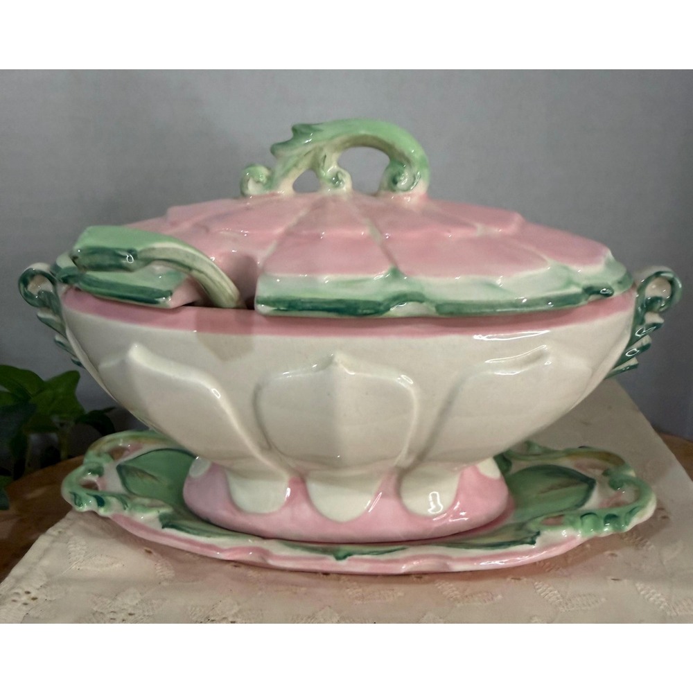 Vintage Majolica Style Tureen‎ w Lid Ladle Underplate Pink Green